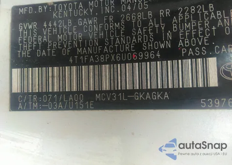 2006 Toyota Camry Solara Sle из США, поврежденный, VIN 4T1FA38PX6U069964